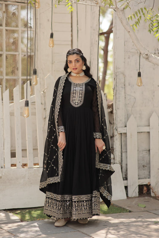DESIGNER FAUX BLOOMING GOWN WITH SEQUINS EMBROIDERY AND ARCO-CUT DUPATTA