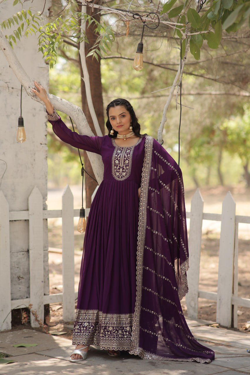 DESIGNER FAUX BLOOMING GOWN WITH SEQUINS EMBROIDERY AND ARCO-CUT DUPATTA