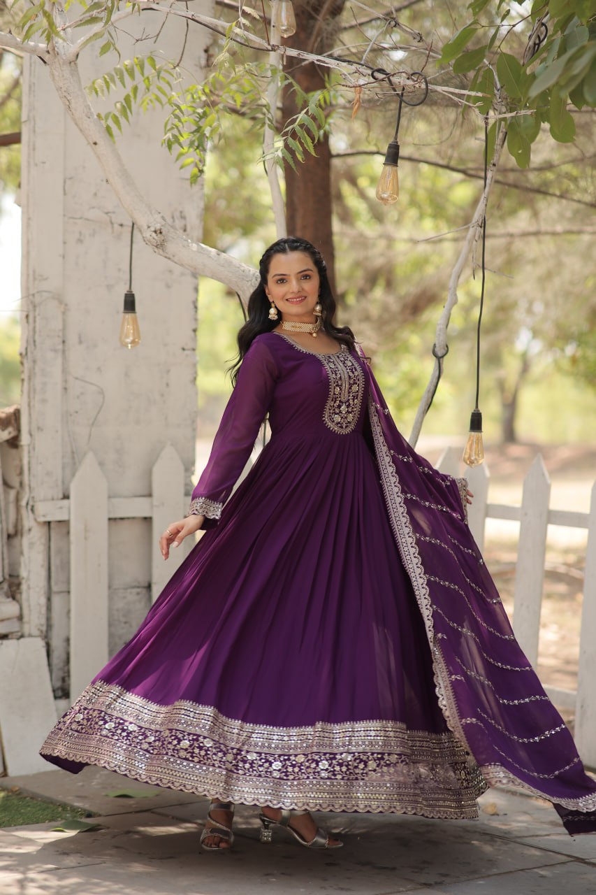 DESIGNER FAUX BLOOMING GOWN WITH SEQUINS EMBROIDERY AND ARCO-CUT DUPATTA