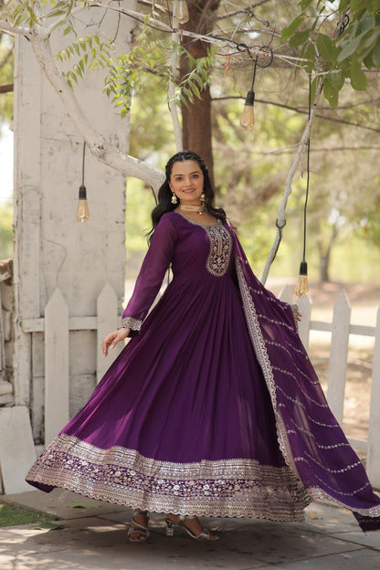DESIGNER FAUX BLOOMING GOWN WITH SEQUINS EMBROIDERY AND ARCO-CUT DUPATTA