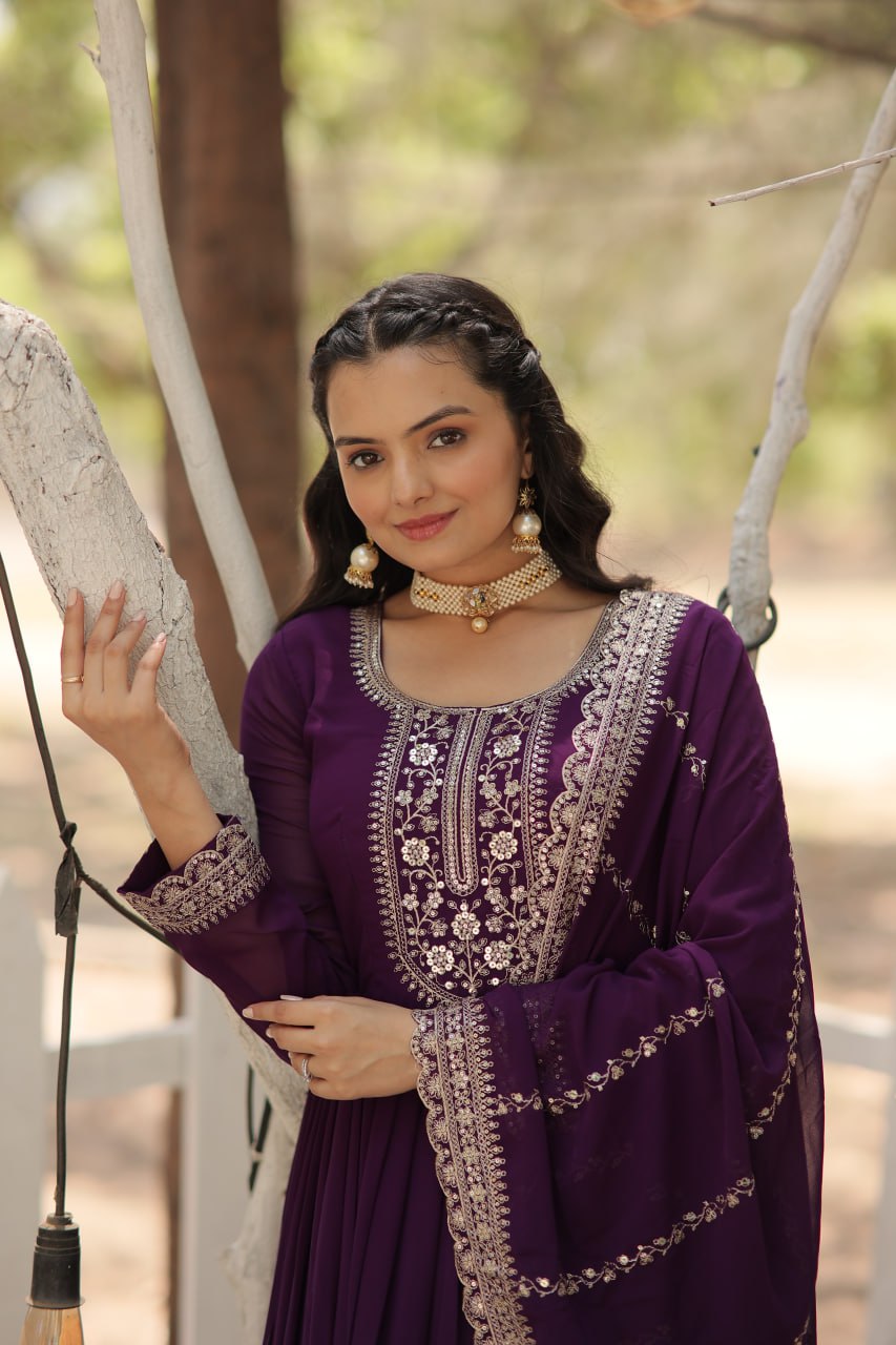 DESIGNER FAUX BLOOMING GOWN WITH SEQUINS EMBROIDERY AND ARCO-CUT DUPATTA