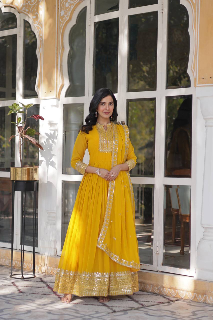 PREMIUM DESIGNER FAUX BLOOMING GEORGETTE GOWN SET WITH SEQUINS EMBROIDERY & LACE DUPATTA