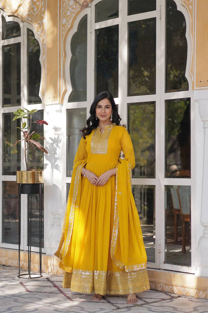 PREMIUM DESIGNER FAUX BLOOMING GEORGETTE GOWN SET WITH SEQUINS EMBROIDERY & LACE DUPATTA