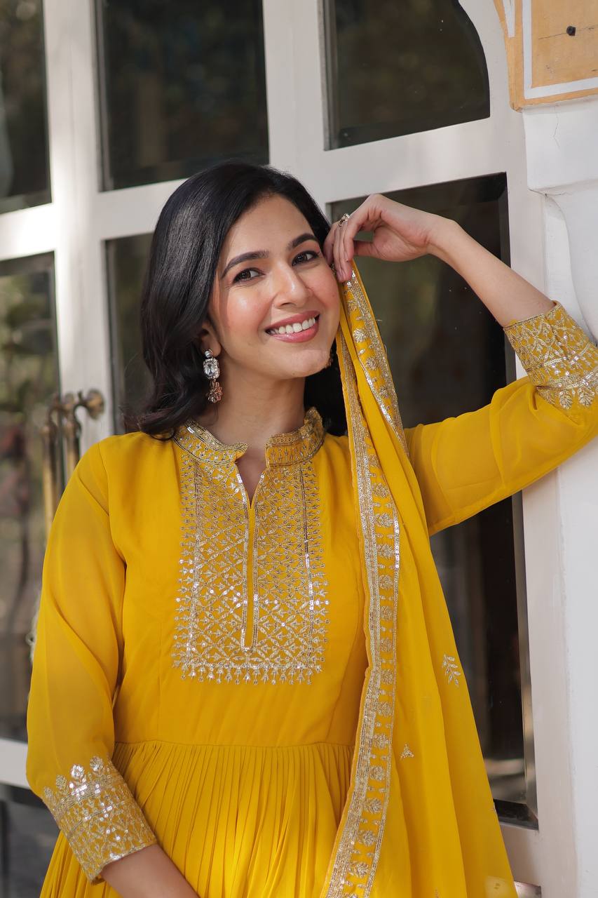 PREMIUM DESIGNER FAUX BLOOMING GEORGETTE GOWN SET WITH SEQUINS EMBROIDERY & LACE DUPATTA