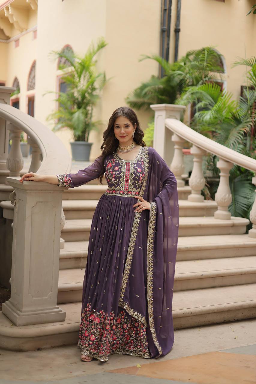 DESIGNER FAUX GEORGETTE KURTI SHARARA SET WITH SEQUINS EMBROIDERED DUPATTA