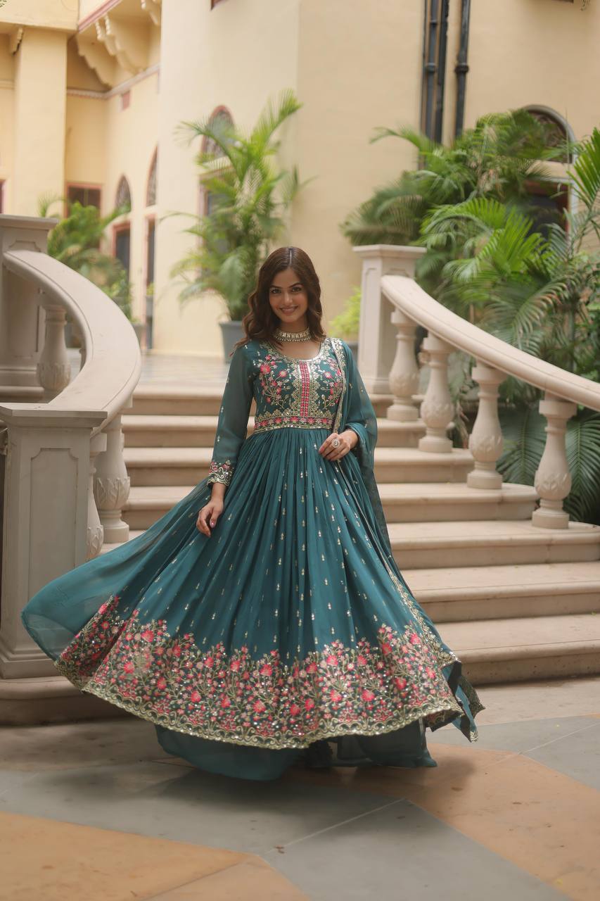 DESIGNER FAUX GEORGETTE KURTI SHARARA SET WITH SEQUINS EMBROIDERED DUPATTA
