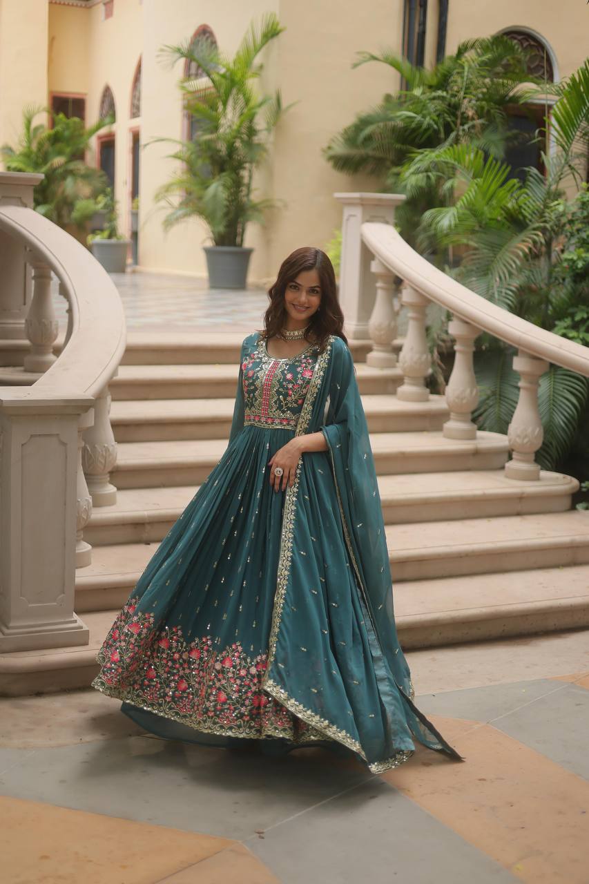 DESIGNER FAUX GEORGETTE KURTI SHARARA SET WITH SEQUINS EMBROIDERED DUPATTA
