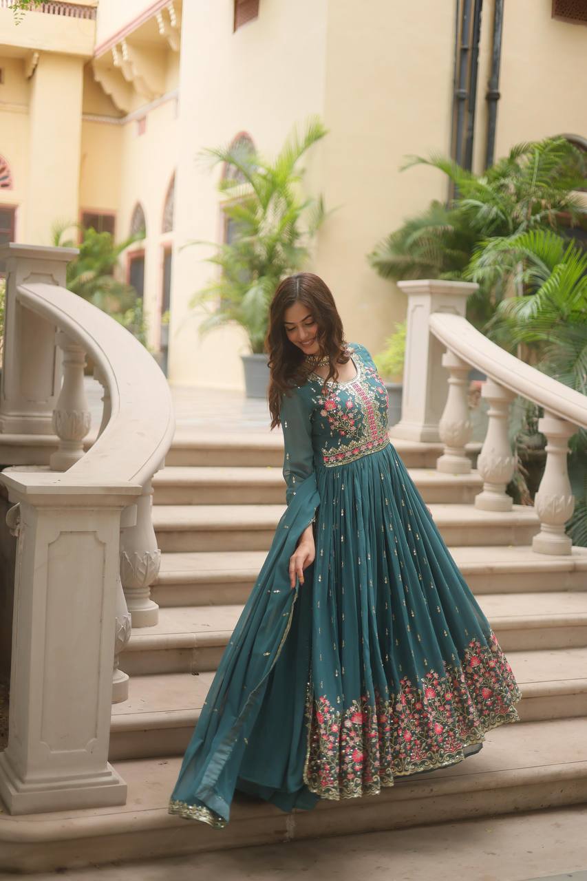 DESIGNER FAUX GEORGETTE KURTI SHARARA SET WITH SEQUINS EMBROIDERED DUPATTA