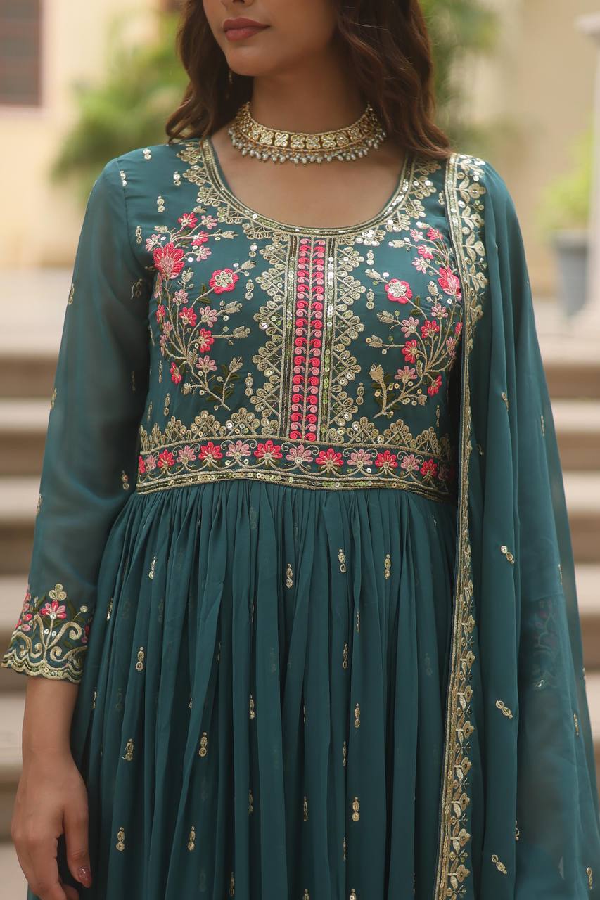 DESIGNER FAUX GEORGETTE KURTI SHARARA SET WITH SEQUINS EMBROIDERED DUPATTA