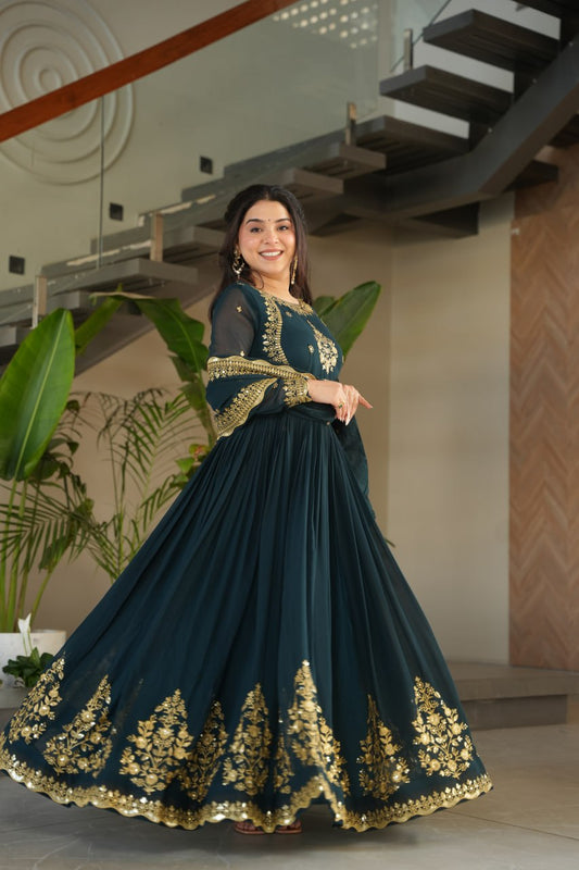 FAUX BLOOMING GEORGETTE EMBROIDERED GOWN WITH DESIGNER SEQUINS DUPATTA FOR WOMEN