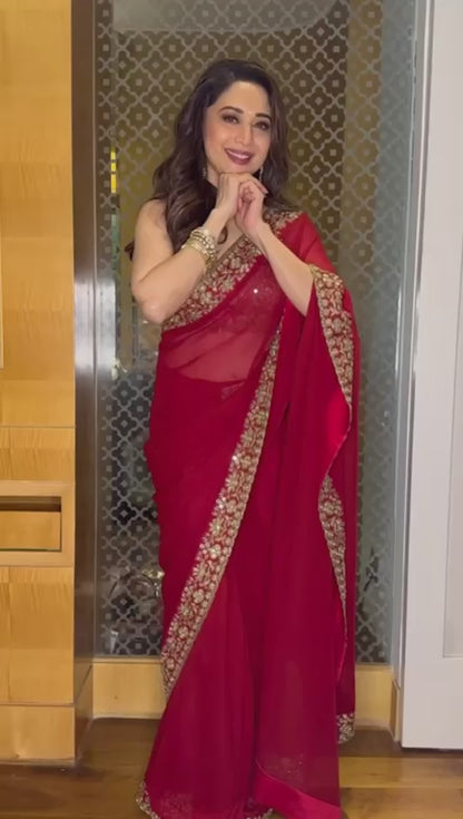 BOLLYWOOD - INSPIRED MADHURI DIXIT RED PARTY WEAR SAREE